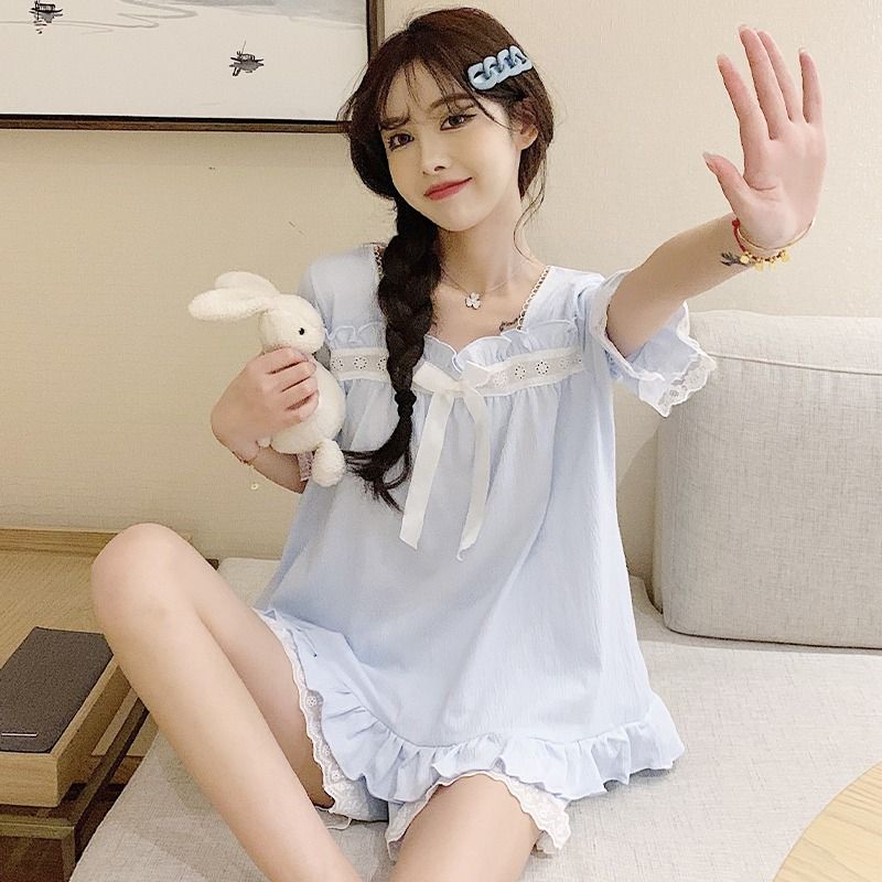 Japanese princess style pajamas women's summer pure cotton side sweet and cute short-sleeved summer can be worn outside home service suit