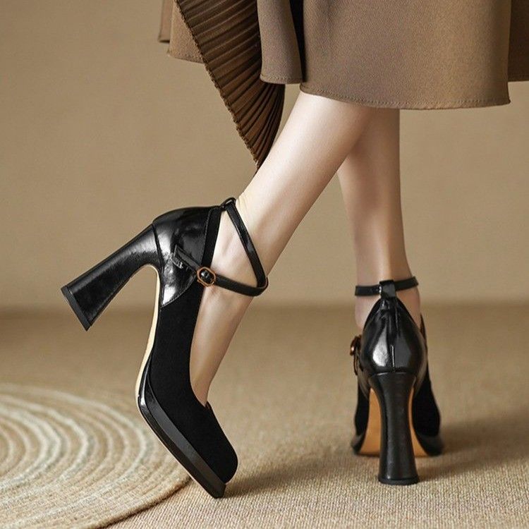French retro chunky heel waterproof platform shoes women's  spring new leather brown shallow mouth Mary Jane high heels