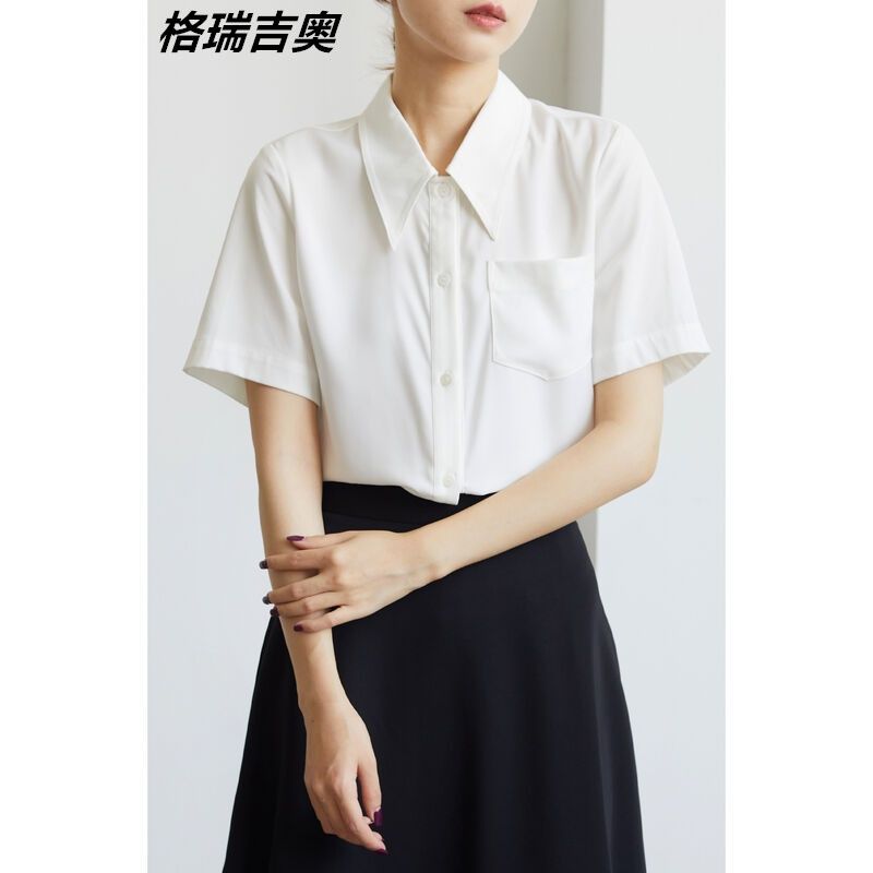 格瑞吉奧白色法式復古短袖襯衫女 職業設計感尖領休閒百搭襯衣夏