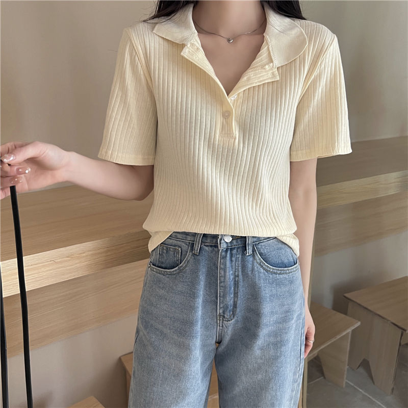  summer retro polo collar short-sleeved T-shirt women's new plus size tops women's design sense niche small man