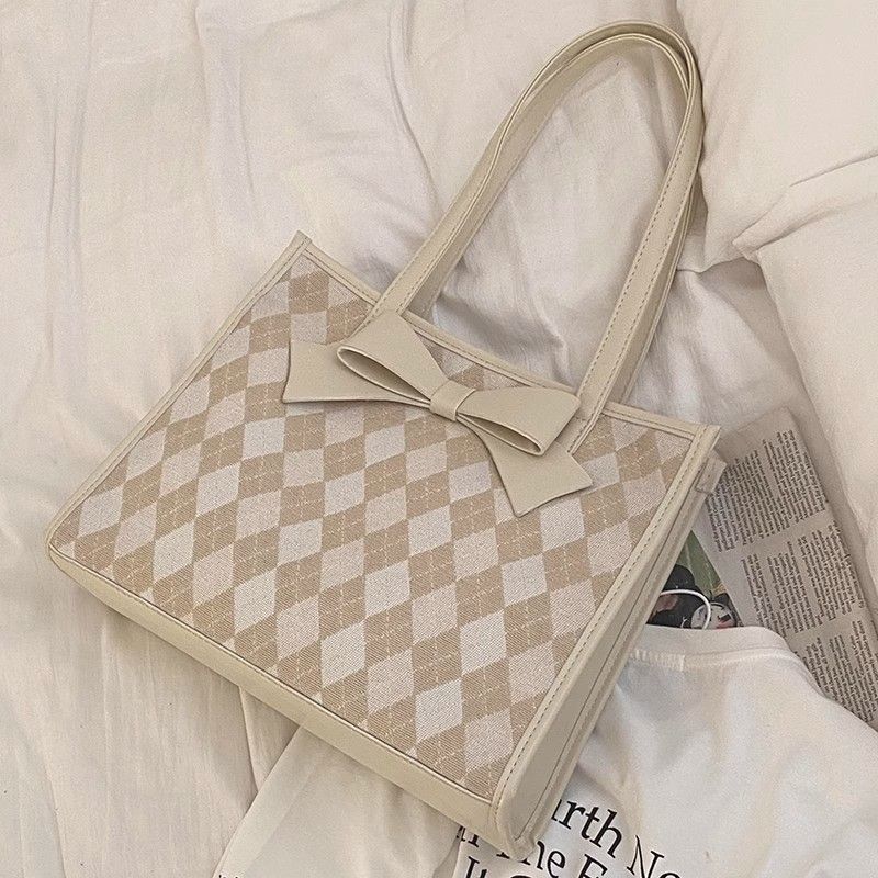 Sweet Bow Large Capacity Women's Summer 2023 New Trendy Checker Tote for Students' Class Underarm Bag_voghion.com