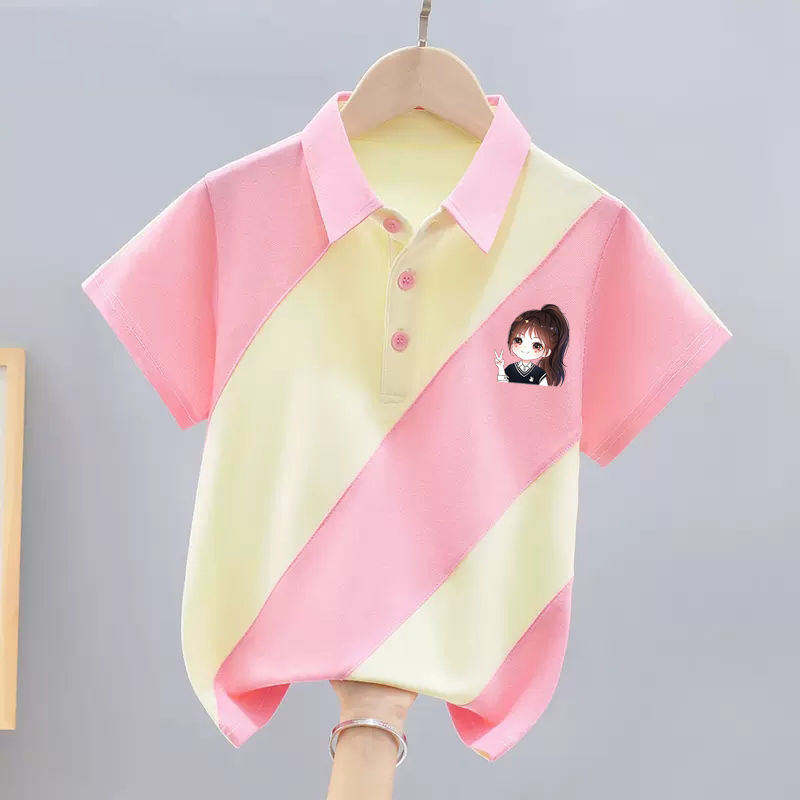 Girls polo shirt short-sleeved summer wear  new style children girls fashionable and sweet ins style stitching contrast color trendy T-shirt