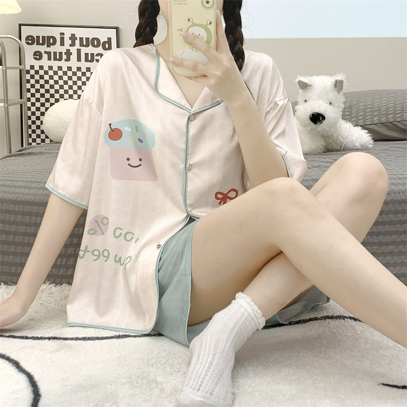 New summer Korean style ins wind ice silk pajamas female summer sweet loose short-sleeved small home service suit