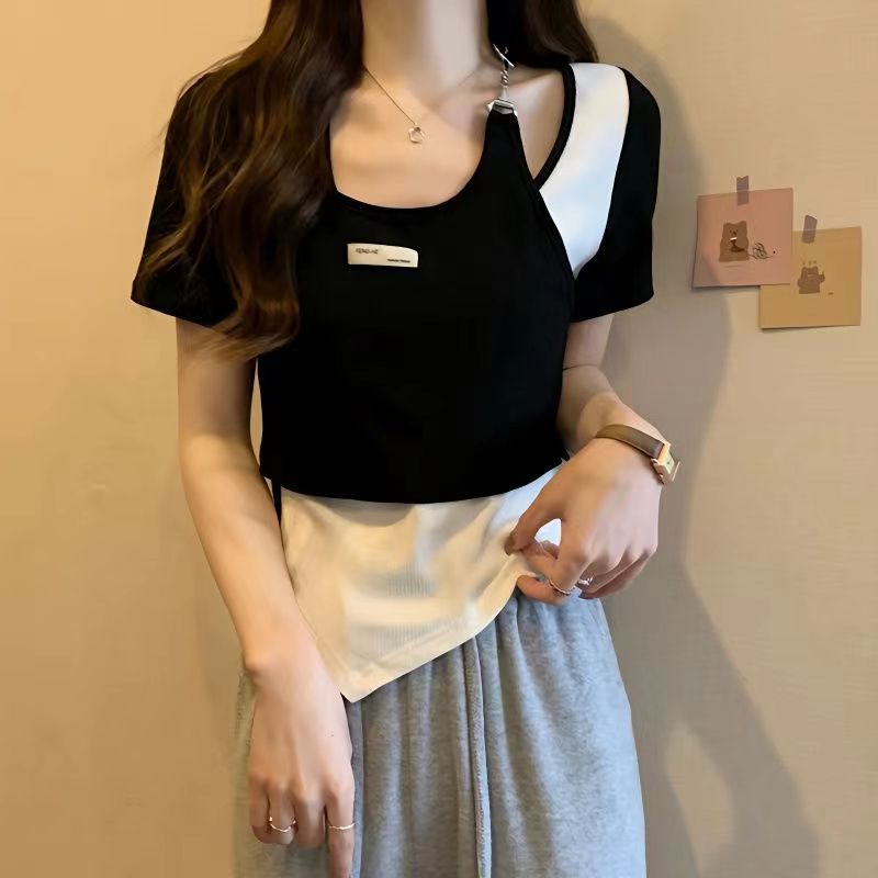 不規則假兩件百搭短袖T恤女夏季小眾設計感辣妹短款修身上衣ins潮