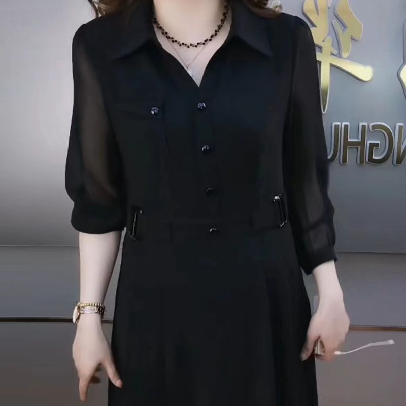 高端迪亞精紡連衣裙女2023春夏新款氣質遮肉顯瘦輕奢黑色拼接裙子