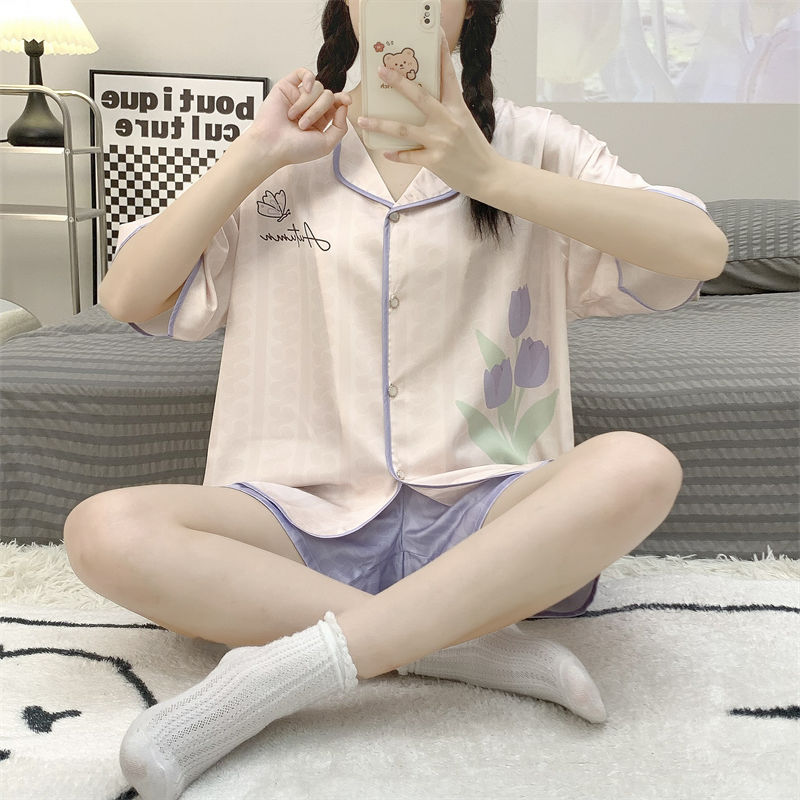 Ice silk Japanese ins pajamas women's summer suit ins sweet and cute short-sleeved shorts small dormitory home clothes