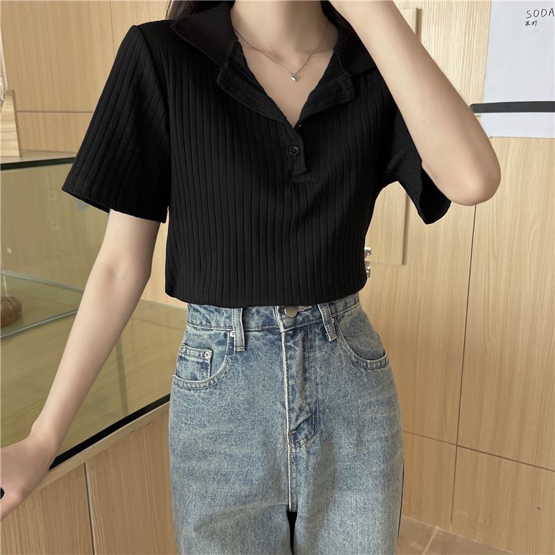  summer retro polo collar short-sleeved T-shirt women's new plus size tops women's design sense niche small man