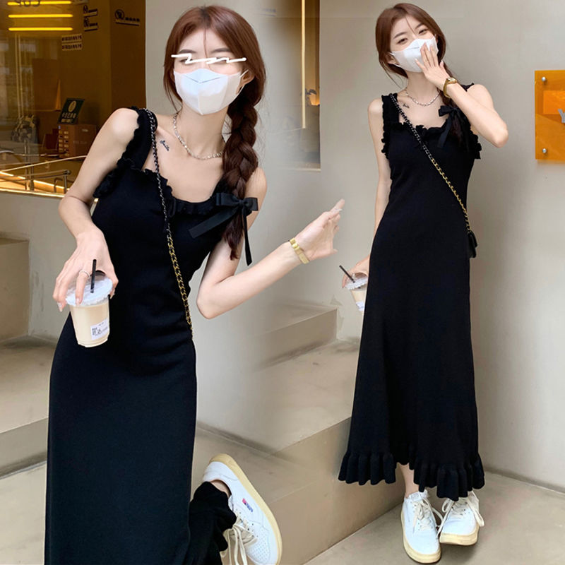 黑色木耳邊連衣裙女夏季新款韓版純欲風辣妹顯瘦吊帶背帶過膝長裙