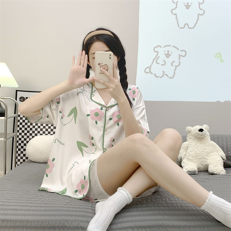 Summer ice silk pajamas women's summer two-piece suit Japanese sweet and cute little man loose and can wear home clothes