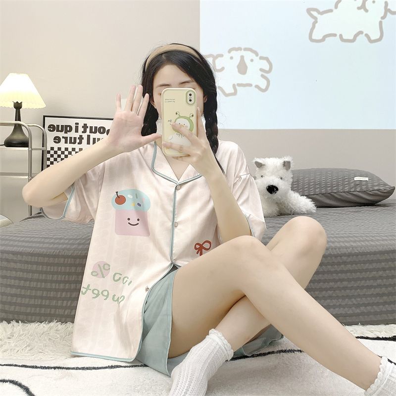 New summer Korean style ins wind ice silk pajamas female summer sweet loose short-sleeved small home service suit