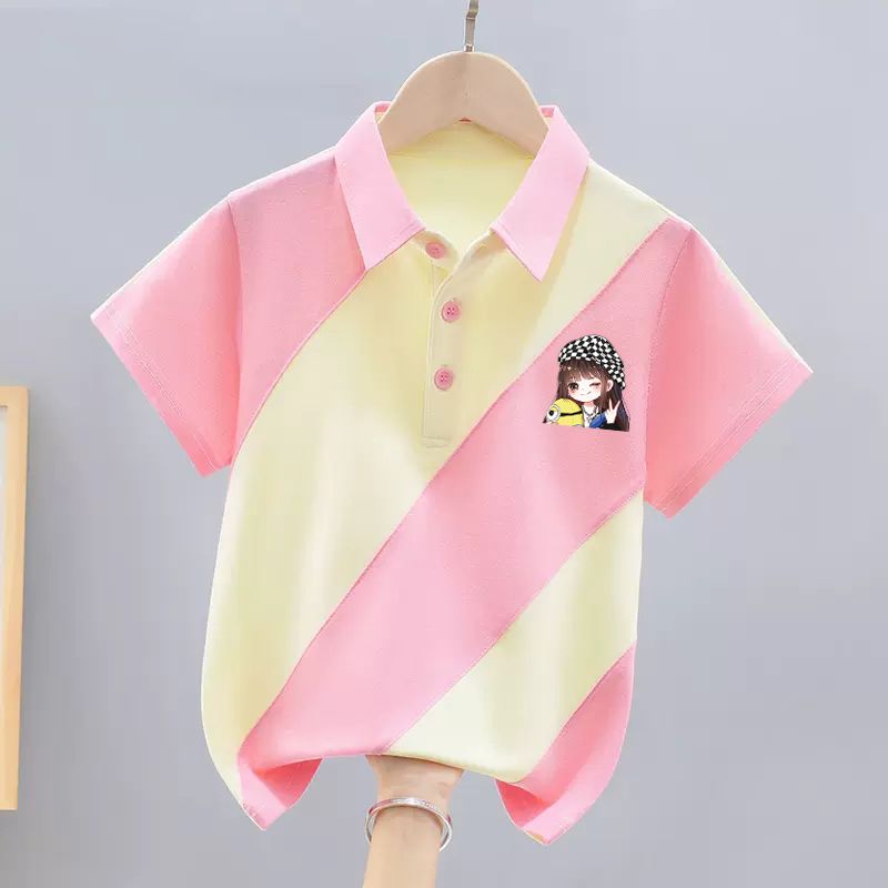 Girls polo shirt short-sleeved summer wear  new style children girls fashionable and sweet ins style stitching contrast color trendy T-shirt