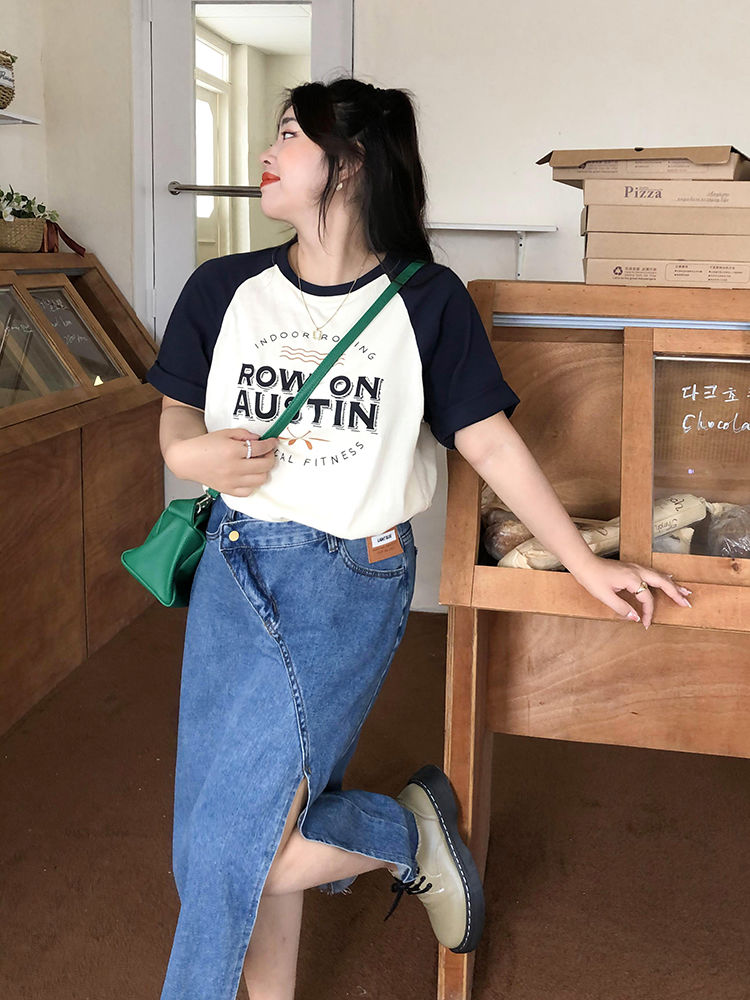 300斤大碼短袖t恤女胖mm正肩顯瘦遮肚子夏季拼接設計感小眾上衣潮