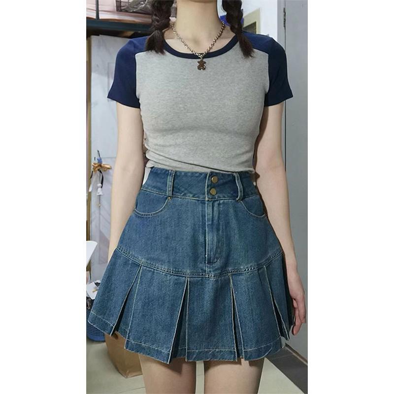 高腰百褶牛仔半身裙女夏季大碼胖mm顯瘦設計感小眾a字包臀短裙子