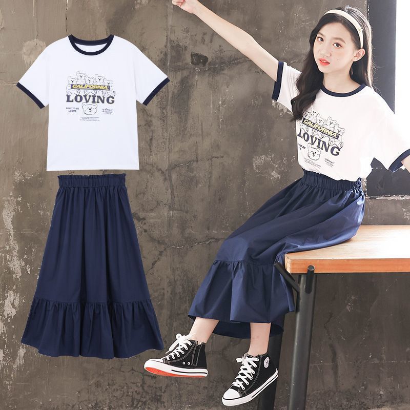 女童連衣裙2023夏裝新款中大兒童夏季純棉T恤半身裙套裝女孩A字裙