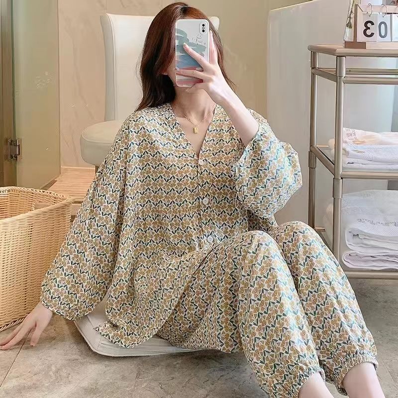 [100% Cotton Silk] Women's Pajamas Spring and Summer New Loose Large Size Homewear Suit Three-quarter Sleeve Trousers Two-piece Set
