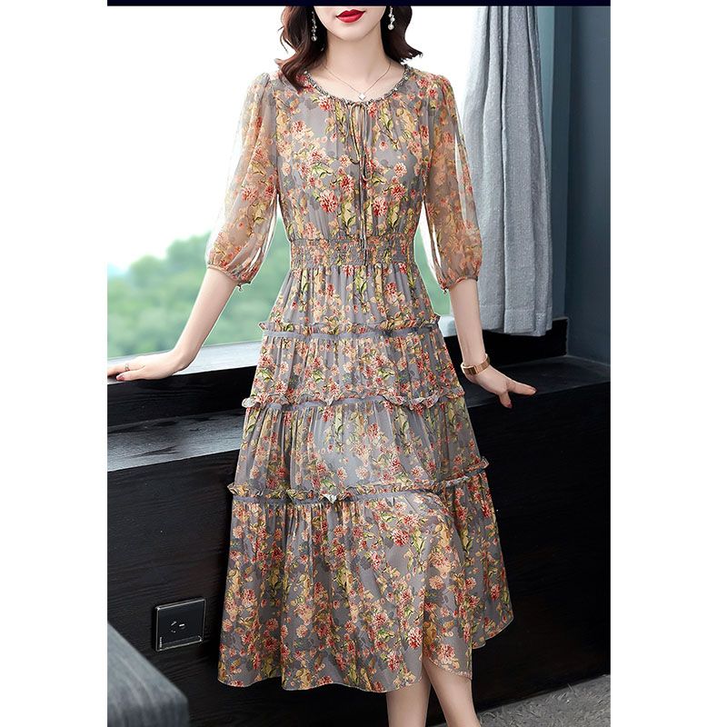 French thin dress women's clothing summer  new design sense niche temperament waist waist mid-length skirt spring