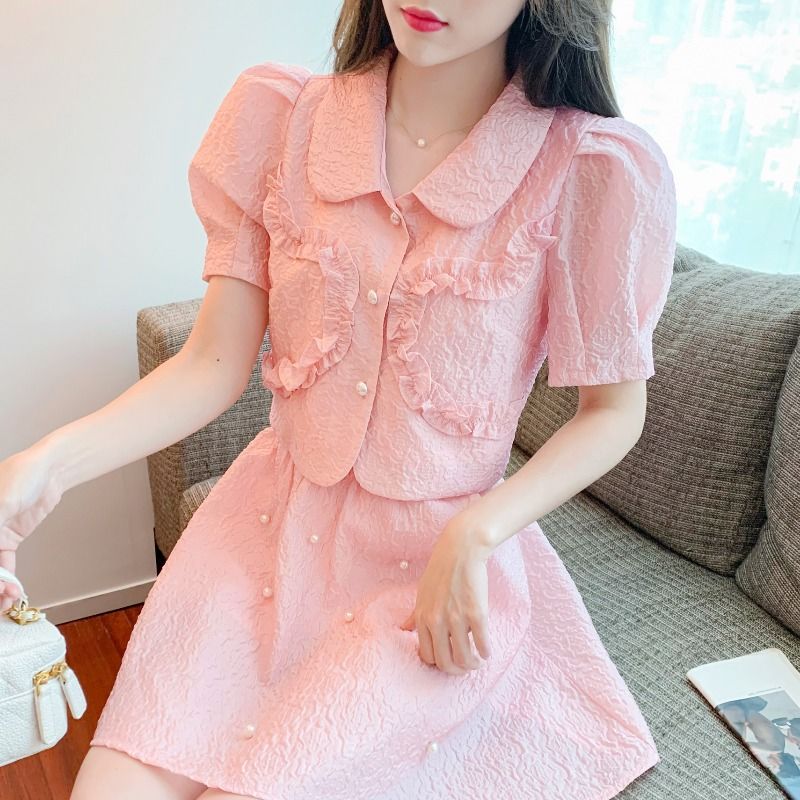 2023夏季新款小眾設計感娃娃領連衣裙子重工釘珠半身裙女兩件套裝