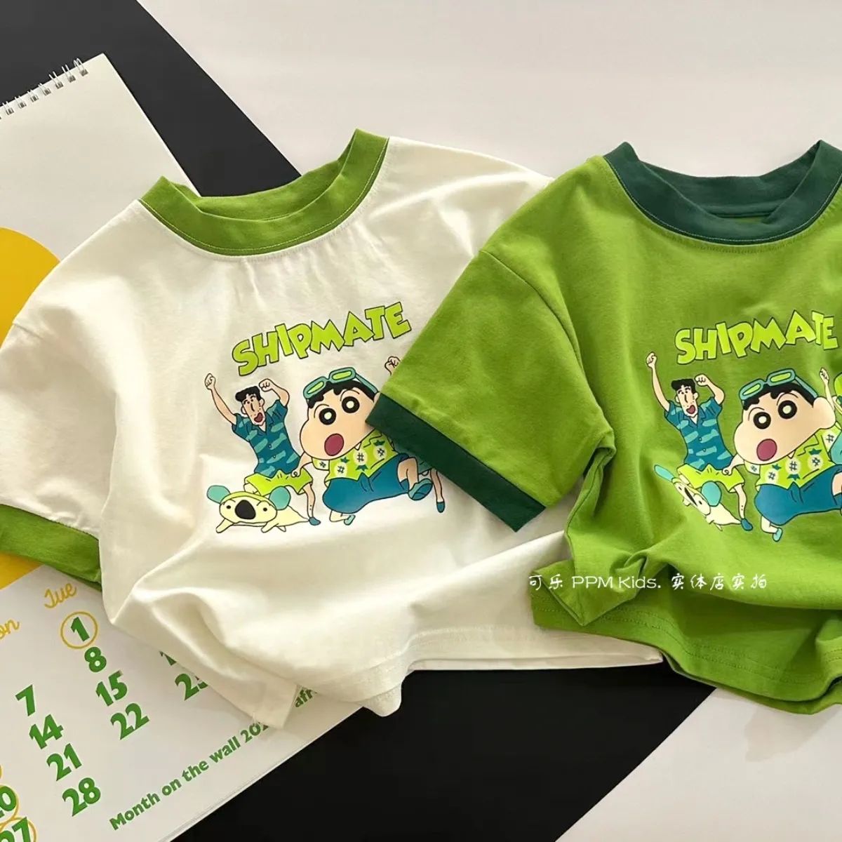 纯棉儿童T恤2023新款韩系夏季男女童绿色洋气短袖卡通印花潮t上衣