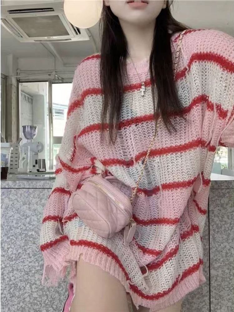 Retro hole sweater women's spring and autumn design sense niche lazy style striped sweater 2023 new top outerwear