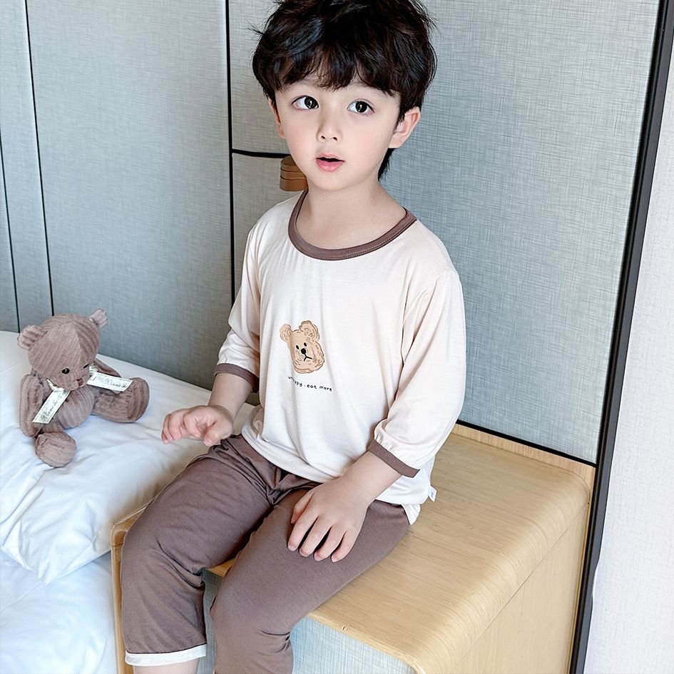 Children's modal suit cartoon air-conditioning clothing summer suit male treasure female treasure foreign style three-quarter sleeve light two-piece pajamas