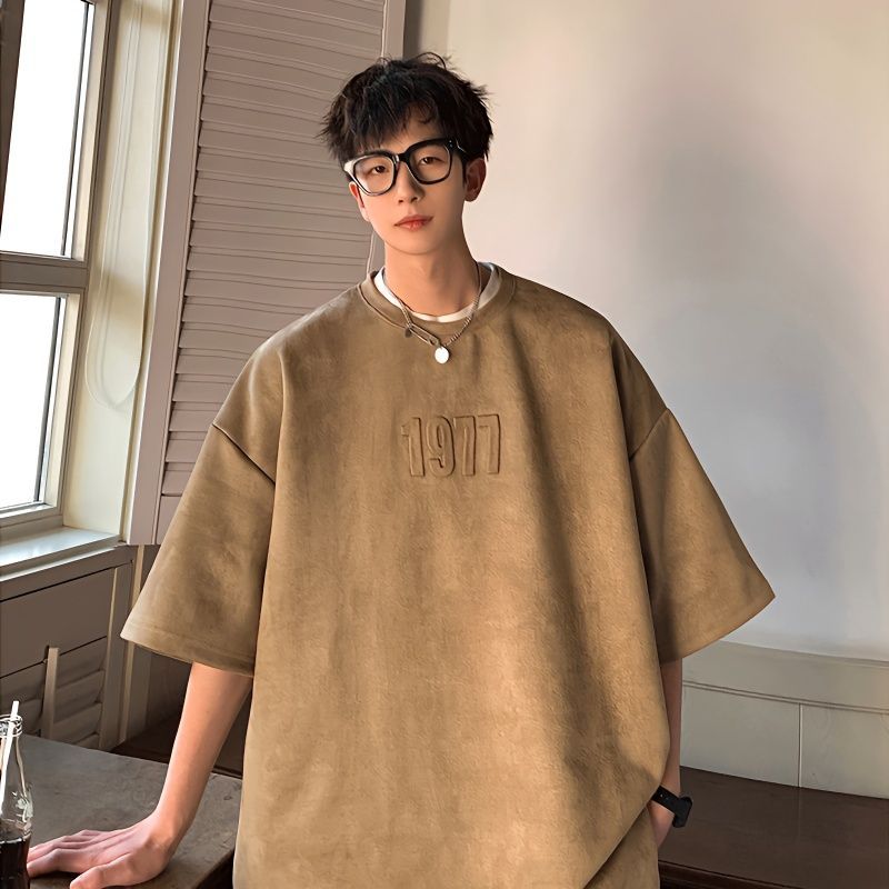 麂皮絨短袖t恤男女百搭新款潮流復古高街情侶半袖大碼夏季體恤
