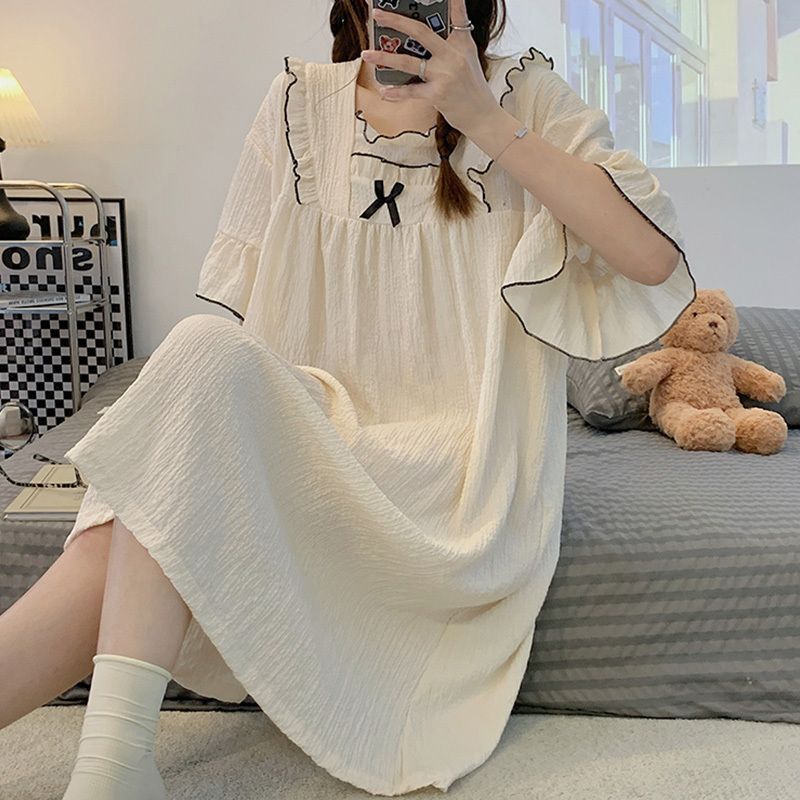 Gauze cotton nightdress summer women's short-sleeved mid-length home clothes sweet thin section simple lazy wind loose skirt