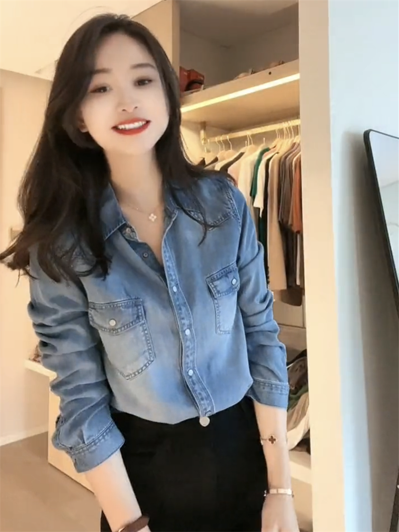 藍海奕諾長袖天絲牛仔襯衫外套女2023春夏寬鬆顯瘦氣質疊穿襯衣潮