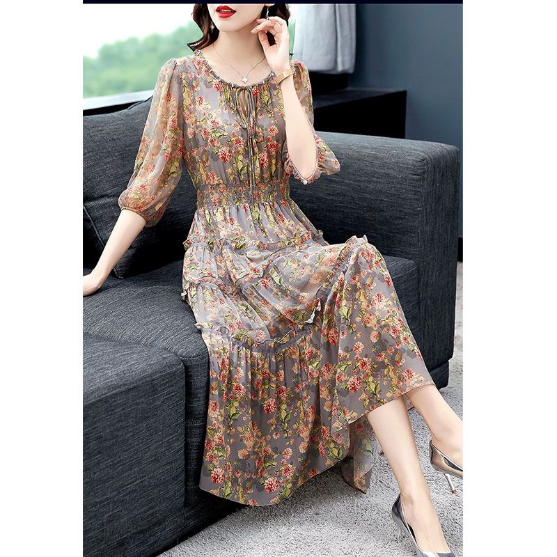 French thin dress women's clothing summer  new design sense niche temperament waist waist mid-length skirt spring