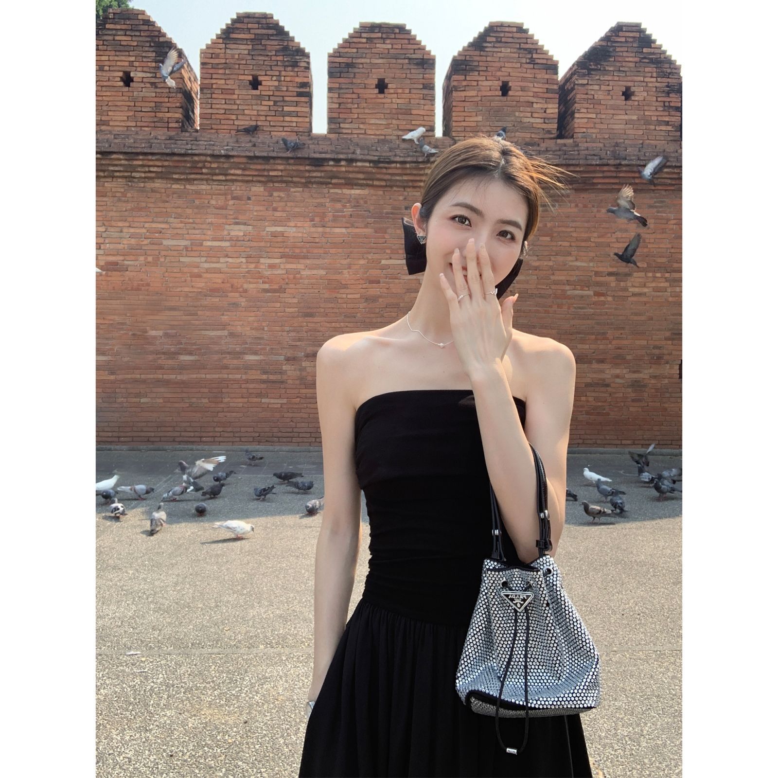 Black one-shoulder dress female  new temperament strapless waist sleeveless long skirt tube top pure desire skirt