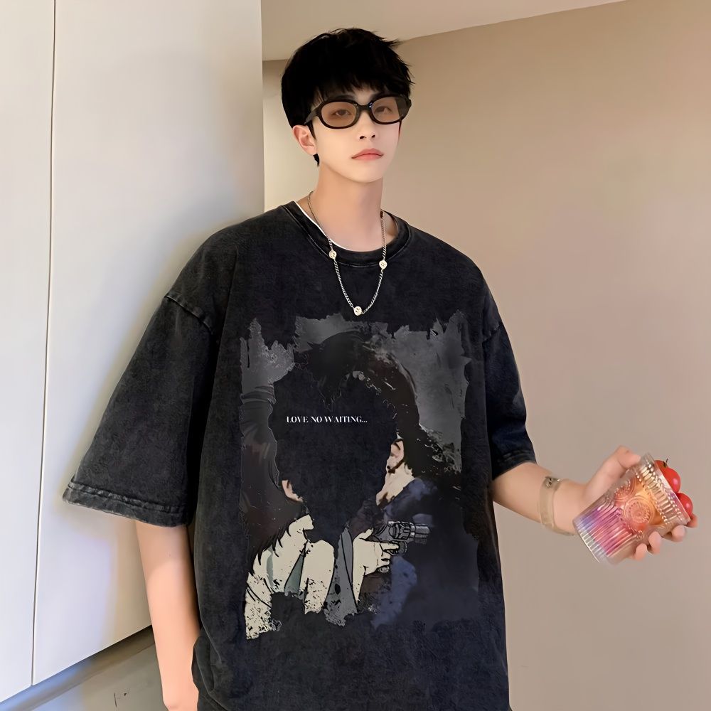復古純棉做舊潮牌高檔夏天ins休閒潮流中袖oversize短袖t恤男