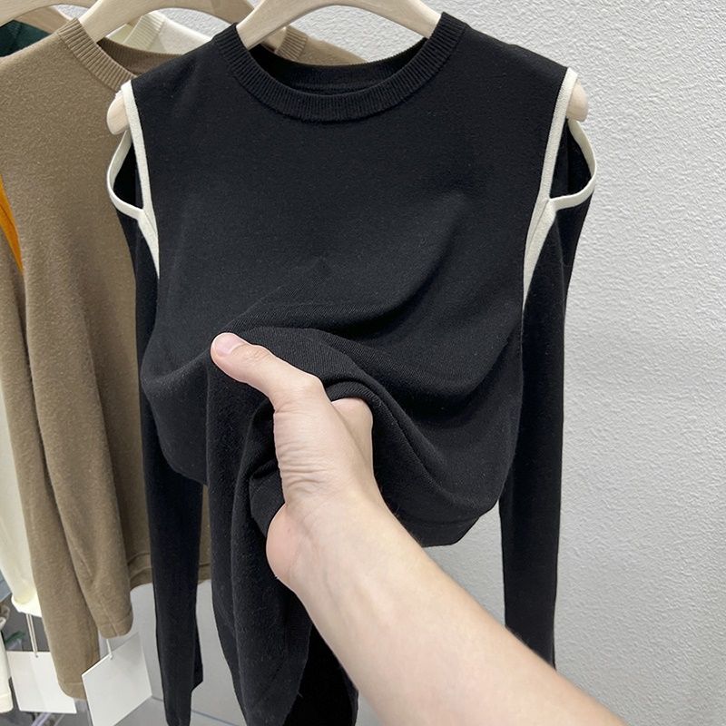 2023 spring new fake two-piece knitted sweater women's design sense niche hollow out strapless bottoming shirt carefully machine