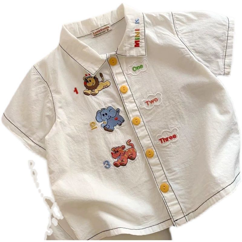 Knock cute little shirt ~ boys Japanese summer style cartoon embroidery white shirt children's baby lapel top
