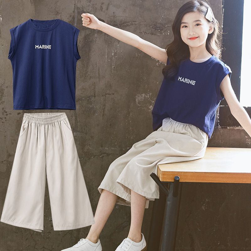 女童運動套裝夏裝新款衣服兒童洋氣大童夏季闊腿褲小學生棉兩件套