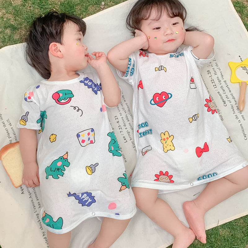 宝宝睡衣夏季薄款纯棉短袖儿童连体睡衣男女童空调家居服婴儿睡袋