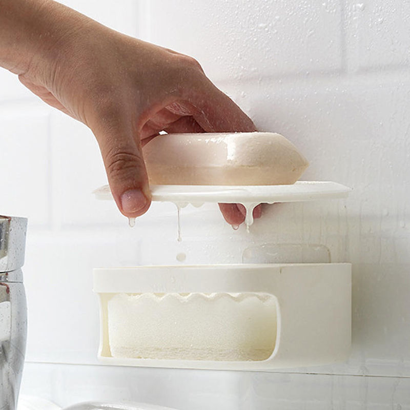 带海绵擦双层肥皂盒沥水香皂盒家用浴室壁挂无痕免打孔加厚肥皂架