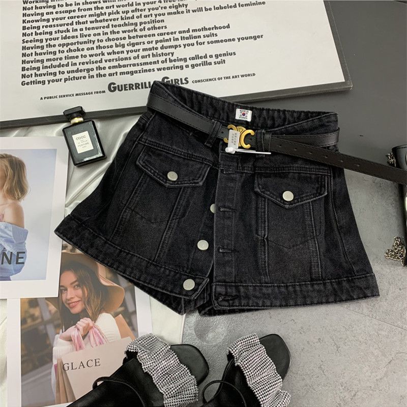 Grinding white breasted denim short skirt spring and summer new style thin all-match wear anti-slip high waist a-line skirt