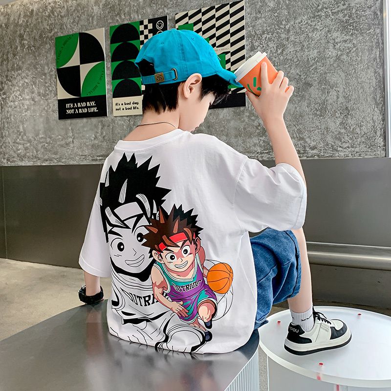 Boys summer white short-sleeved t-shirt summer clothes big boy boys top clothes half-sleeve pure cotton fried street tide brand children's clothing