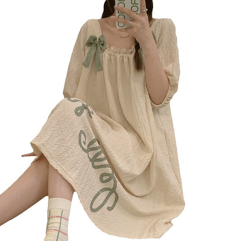 Gauze cotton nightdress summer women's short-sleeved mid-length home clothes sweet thin section simple lazy wind loose skirt