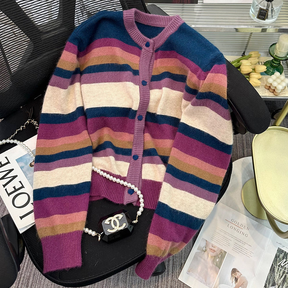 Rainbow striped raccoon velvet French retro gentle wind soft waxy sweater coat round neck design niche knitwear