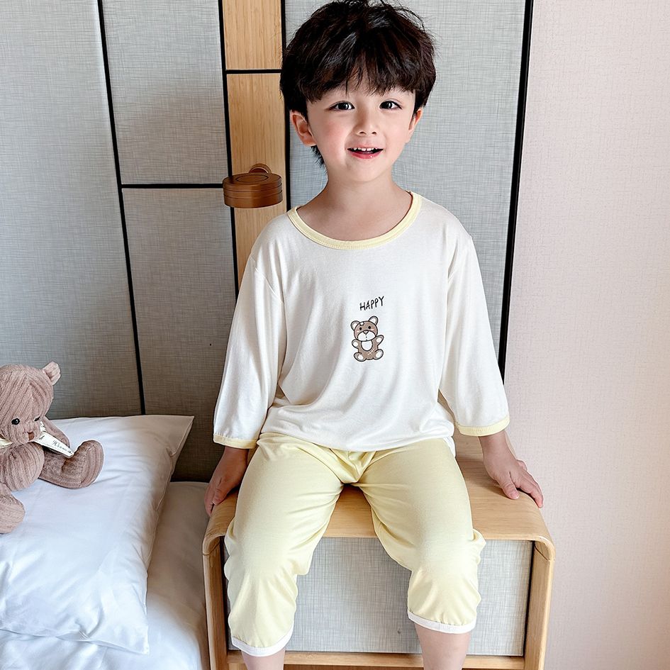 Children's modal suit cartoon air-conditioning clothing summer suit male treasure female treasure foreign style three-quarter sleeve light two-piece pajamas