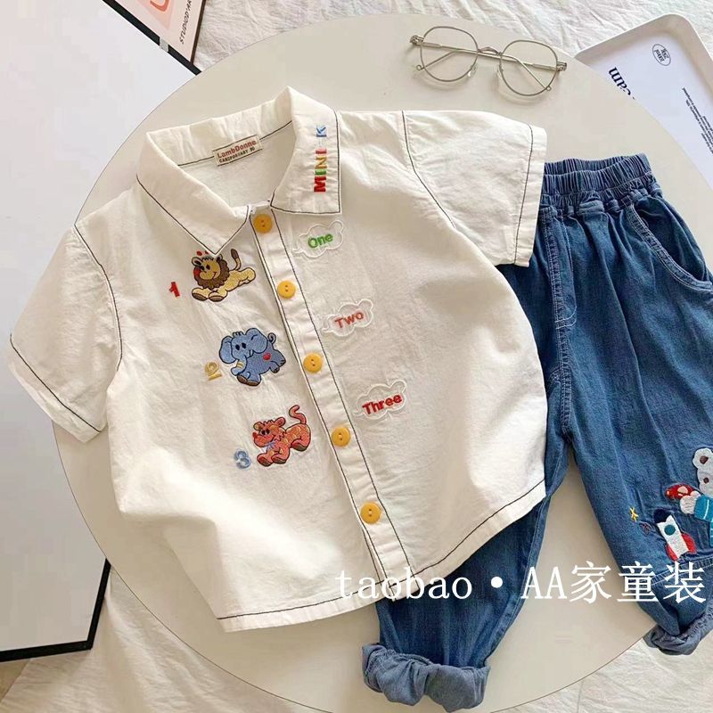 Knock cute little shirt ~ boys Japanese summer style cartoon embroidery white shirt children's baby lapel top