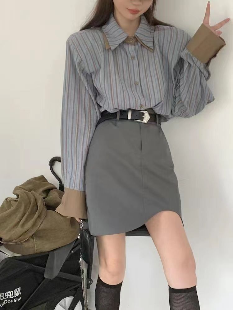 Matching Belt Grey A-line Halfskirt 2023 Summer New niche Short Skirt High Waist Slim Spicy Girl Suit Skirt