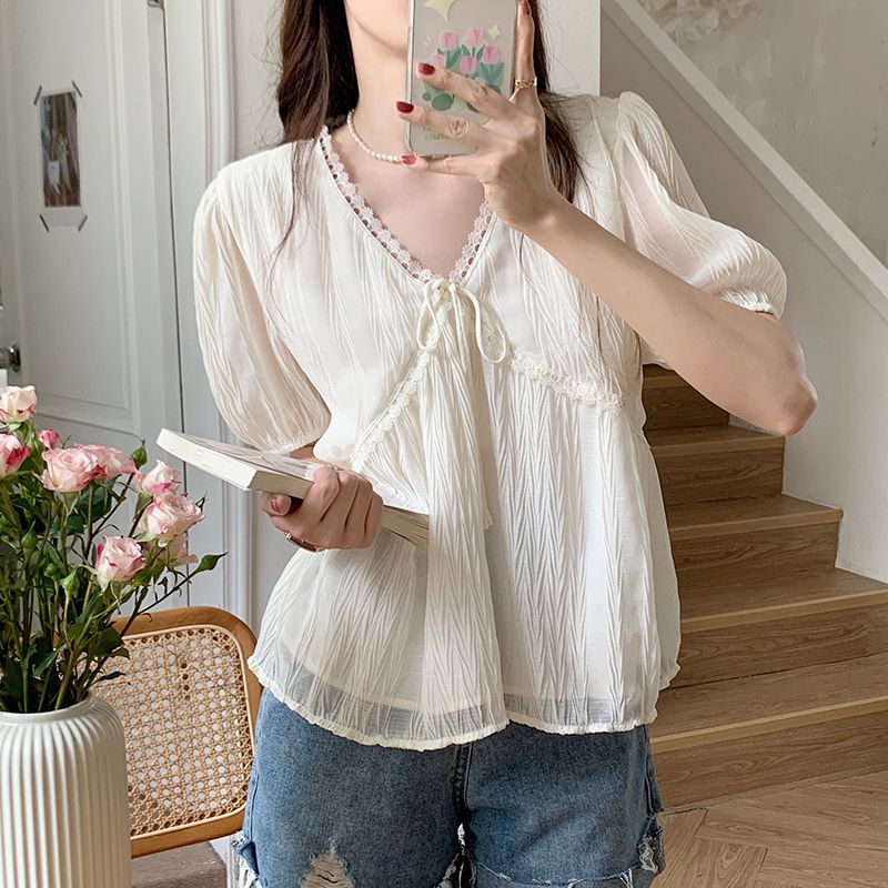 Large size fat mmv collar short-sleeved chiffon shirt women's summer French loose slimming belly-covering temperament high-end top