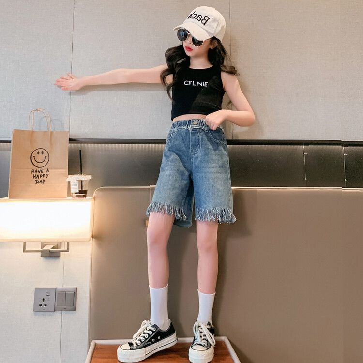 Girls' shorts, denim, summer thin section, summer foreign style, fashionable middle pants, summer clothes, big children's five-point pants, girls