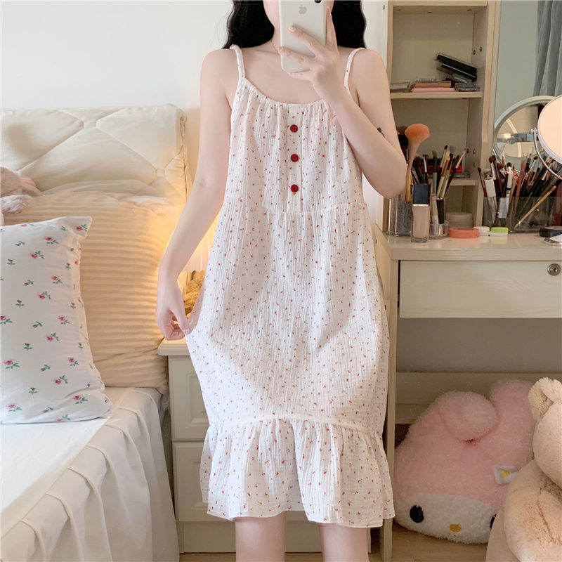 Baby cotton sense sling nightdress female summer thin section loose mid-length sleeveless sweet summer pajamas dress home service