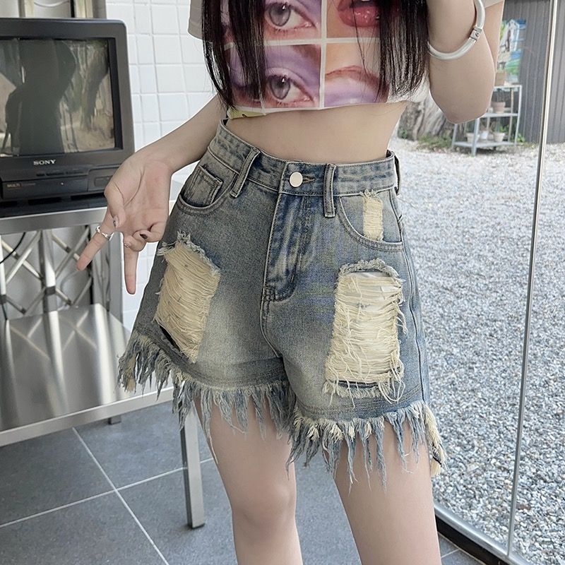 YSYOURS破洞高腰牛仔短褲女夏季寬鬆顯瘦大碼胖MM毛邊A字闊腿熱褲