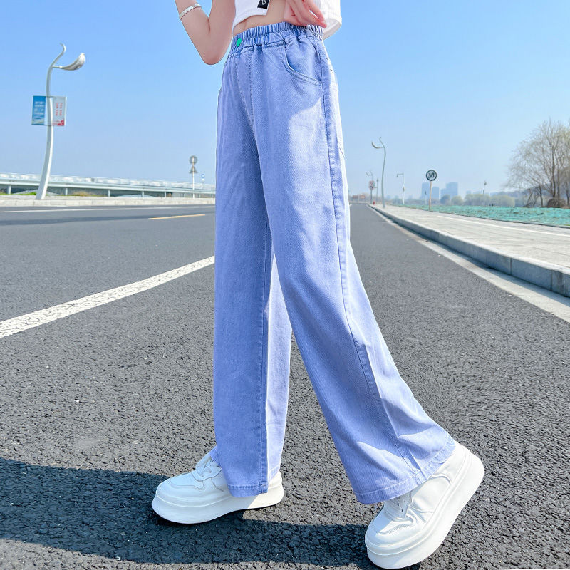 Girls' wide-leg pants, summer fashionable thin straight-leg girls' fashionable middle and large children's summer wear, Tencel denim children's pants