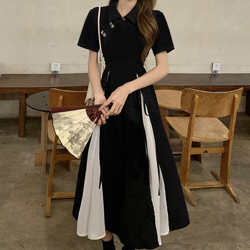 新中式改良旗袍連衣裙女夏季大碼溫柔國風茶歇設計感赫本小黑裙女