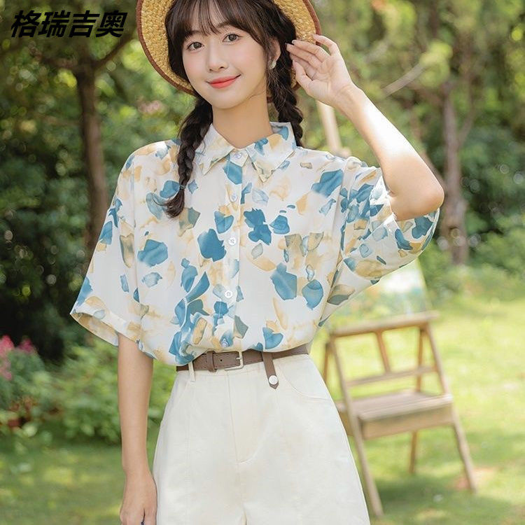 格瑞吉奧新款夏季百搭寬鬆短袖上衣襯衫設計感小眾復古港風襯衣女