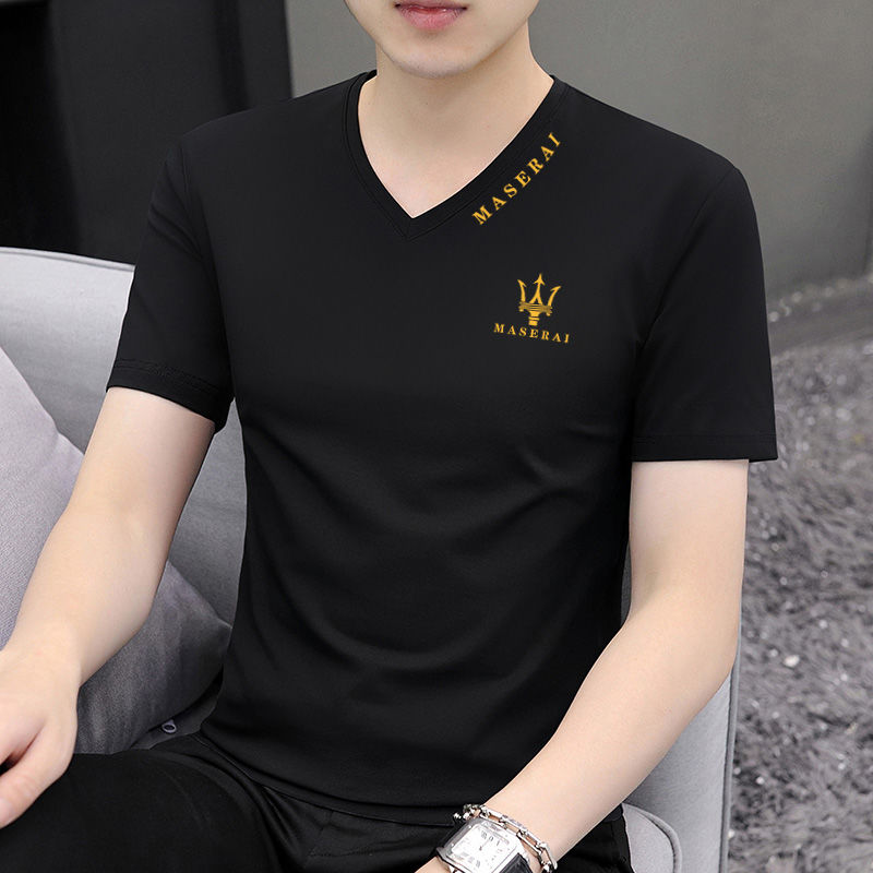 2023 new summer men's t-shirt short-sleeved v-neck top pure cotton sweetheart neck trendy men's casual t-shirt half-sleeved